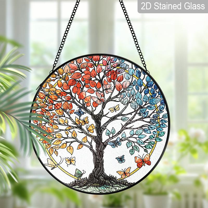 2D Flat Stained Glass Tree of Life Window Decoration, 6.3/7.87inches Colored Glass Plate with Chain, Charming Indoor/Outdoor Sun Catcher Home Garden