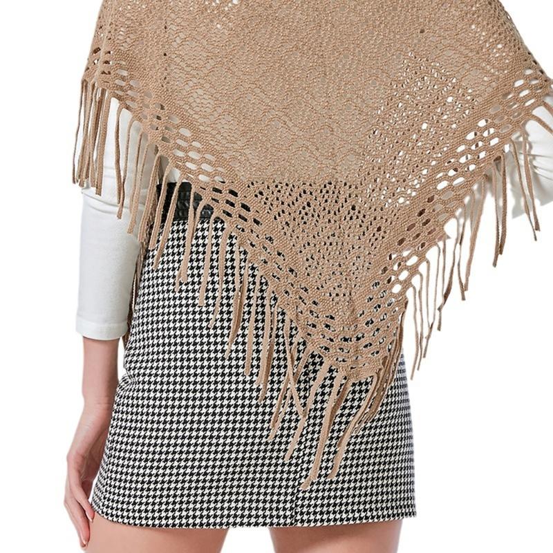 Women's Hollowed Knitted Triangular Scarf Imitation Cashmeres Soft Winter Shawl Wrap Neckerchief Blanket with Fringes