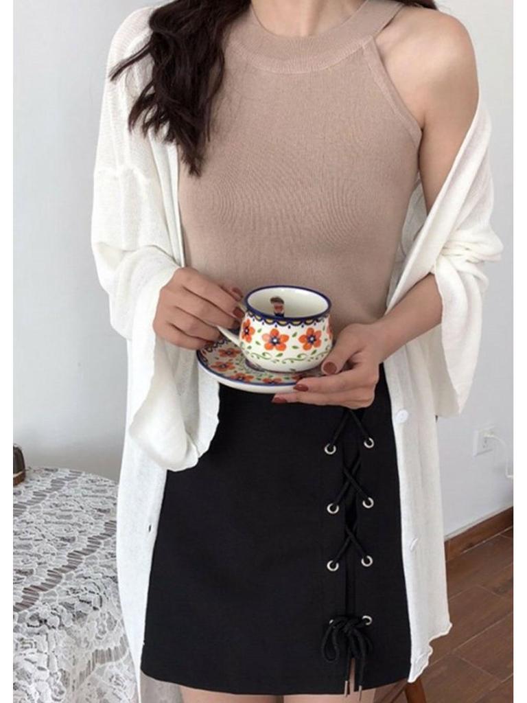 Damen Schwarzes Ärmelloses Strick Halter Tanktop für den Sommer