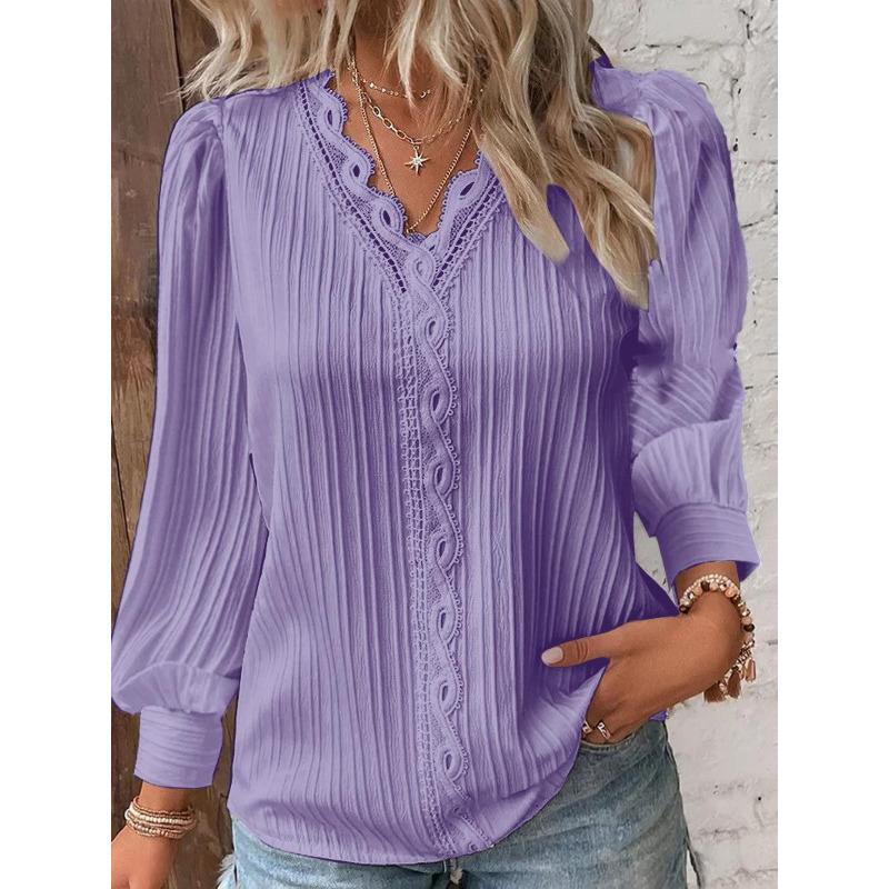 Autumn Long-sleeved V-neck Lace Splicing Shirt Blouse Women's Clothing