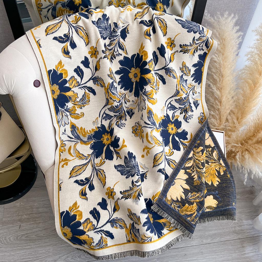 Ethnic Style Flower Imitation Cashmere Scarf Women'S Winter Thickened Double-Sided Air Conditioner Shawl Scarf