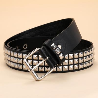 Black Rivet Punk Style Belt with Bright Metal Pyramid Decoration, Suitable for Men and Women