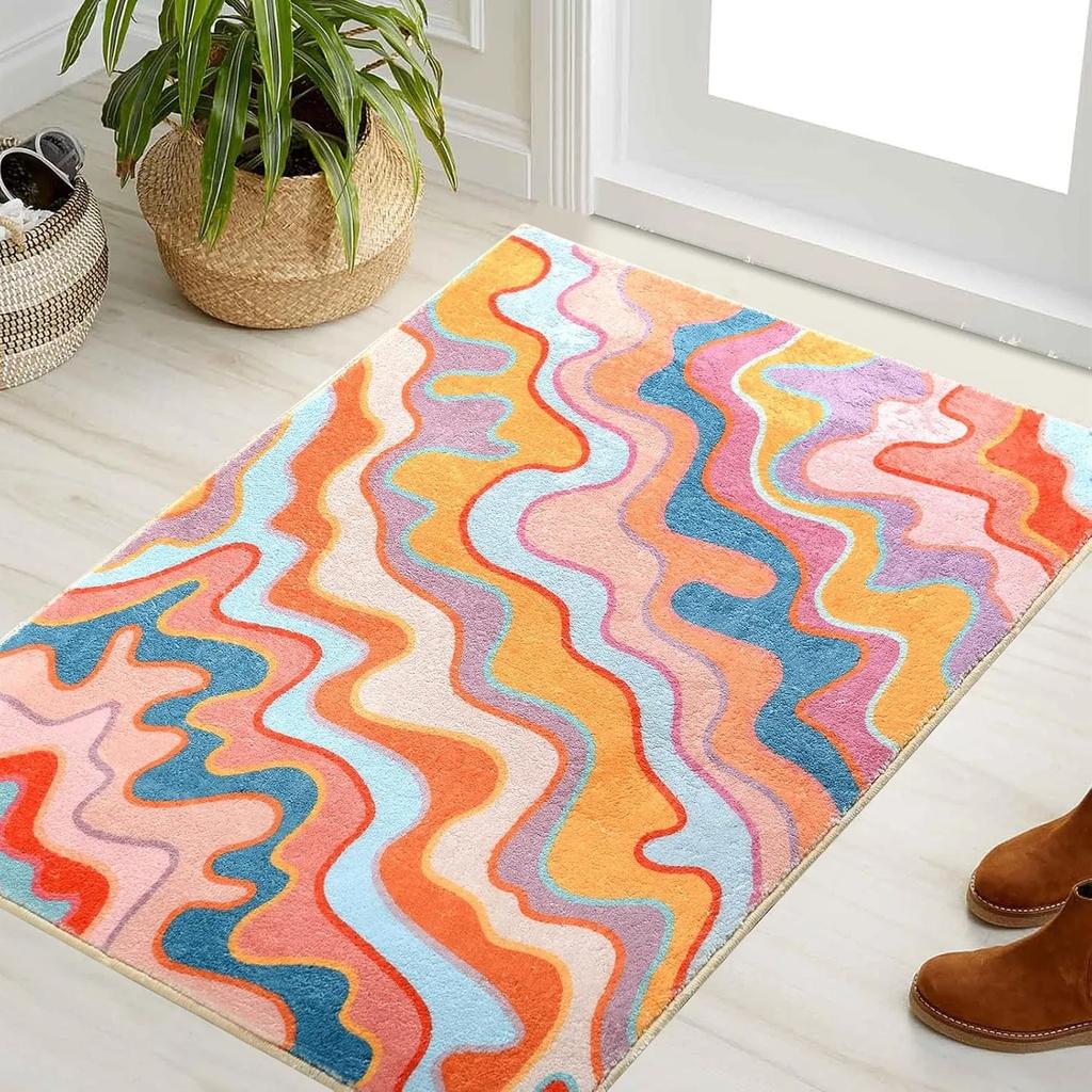 Vintage Abstract Striped Rug – Colorful Geometric Bathroom Kitchen Doormat, Non-Slip Entryway Floor Mat Orange Blush Pink