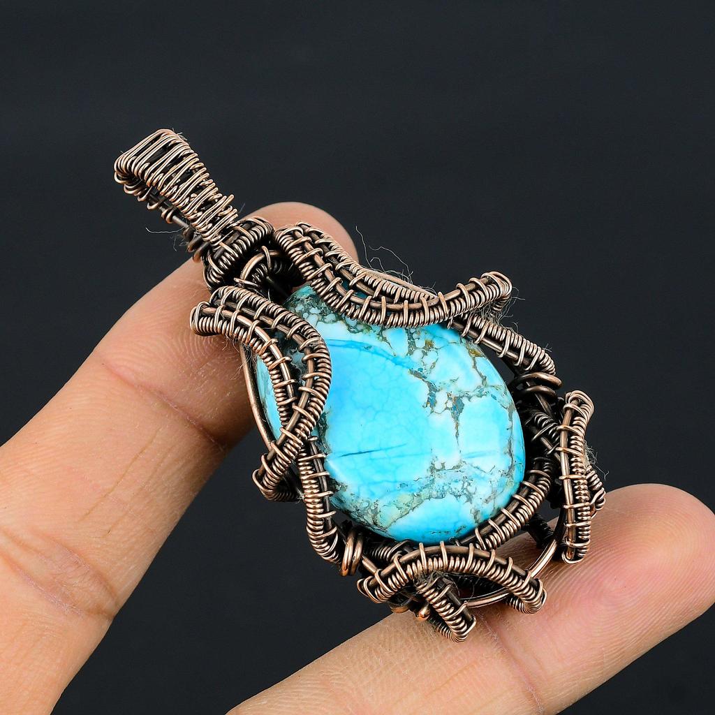 Tibetan Turquoise Pendant, 999 Copper Wire Wrapped Gemstone Jewelry, Handmade Pendant, For Thanksgiving