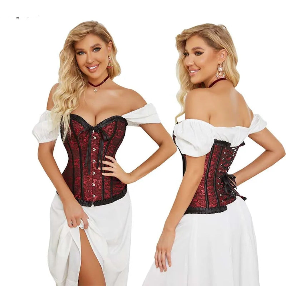 Floral Lace Up Overbust Corset For Mature Women Red 4Xl Corsets & Bustiers