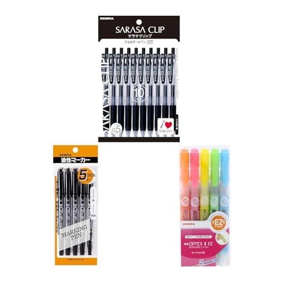 Zebra Gel Pen Sarasa Clip 0.5 Black 10pcs, Oil-based Pen Macky Extra Fine Black 5pcs, Highlighter Optex 1 EZ 5 Colors WKS11-5C
