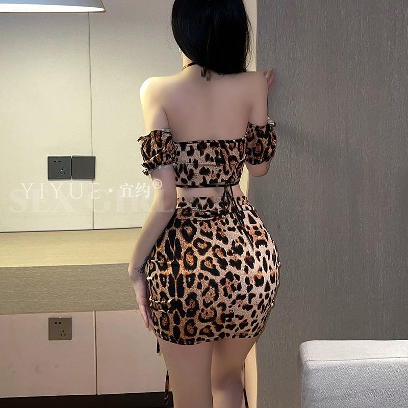 Erotic Underwear, sexy leopard print cutout hip-hugging dress, women's slimming, nightclub role-playing uniform, pajamas 8600