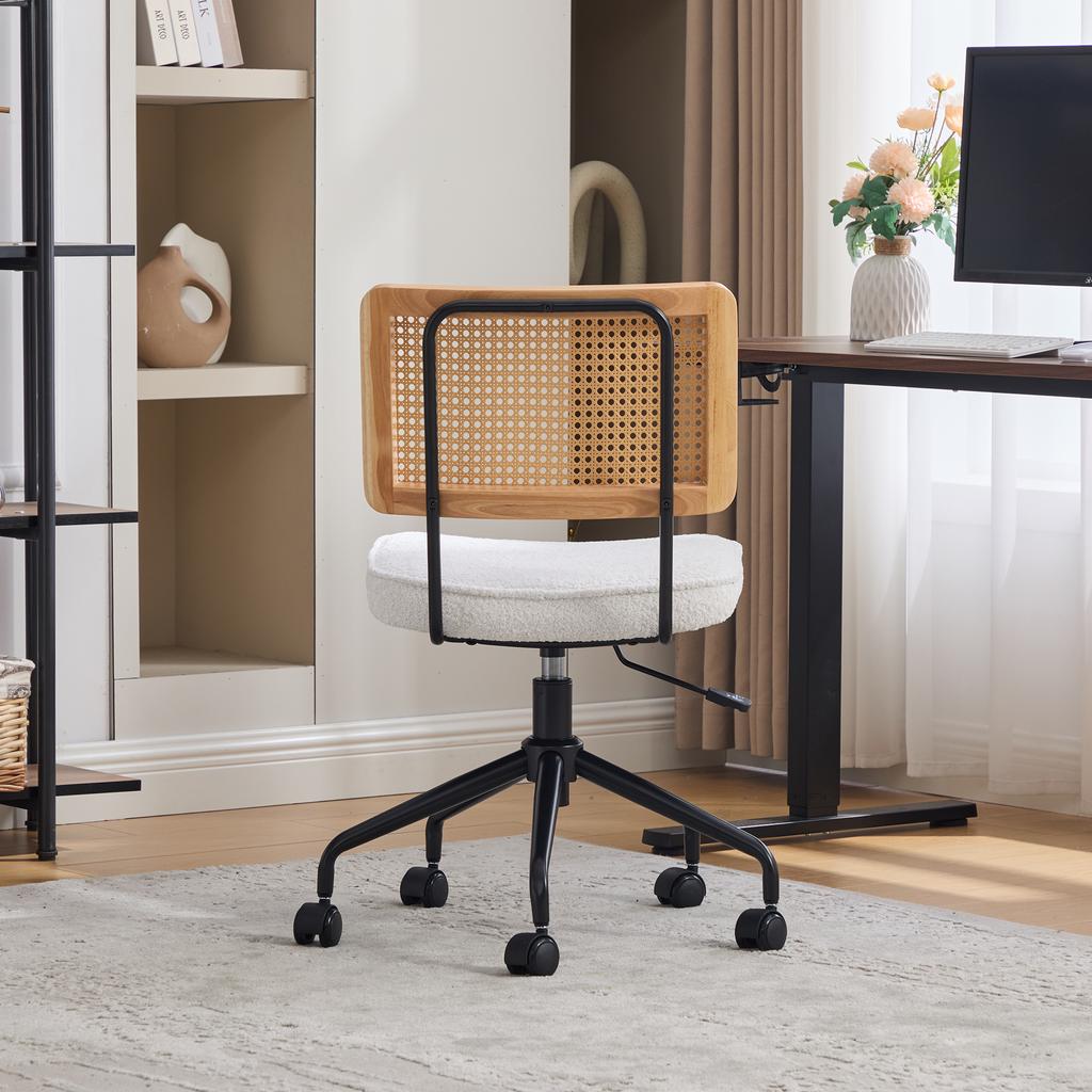 Vintage Rattan Office Chair with Wheels - Adjustable Swivel Desk Chair with Chenille Fabric Seat & Wooden Frame for Home Office, Living Room (Ivory)