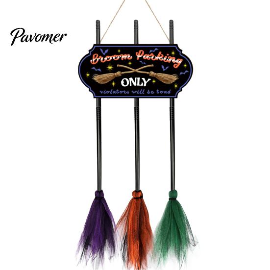 Weatherproof Indoor Holiday Signs Halloween Broom Parking Sign with 3 Witch Brooms, Hocus Pocus Themed Wooden Sign, Rustic Wall Decor Funny