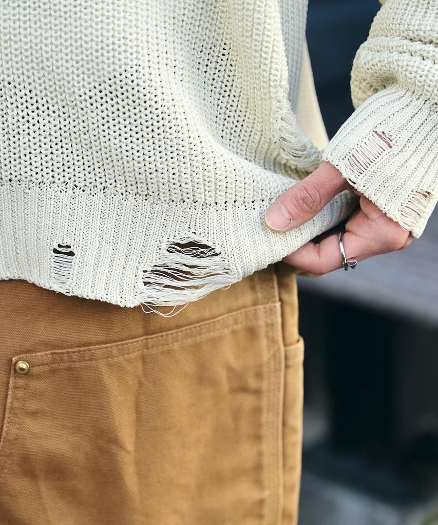 WEGO Graphic Distressed Knit Pullover Size Gift Men's Top, M, Off-White, Unisex, Streetwear, Casual, Spring, Autumn, Winter,