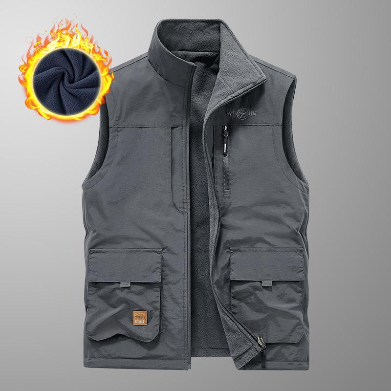 Men's Large Size Winter Warm Velvet Thickened Sleeveless Vest, Double-sided Wear Multi-bag Waterproof Vest