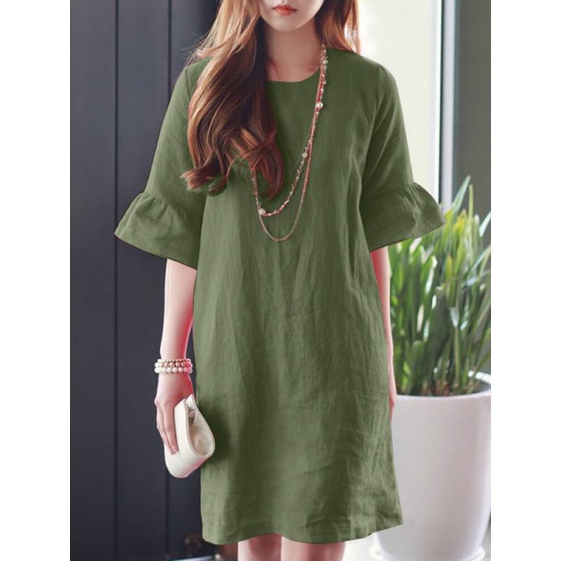 Bomull Lin Kjole Dame Sommer Kort Erme Casual Løs Kjole Dame Gate T-skjorte Kjole Vestidos