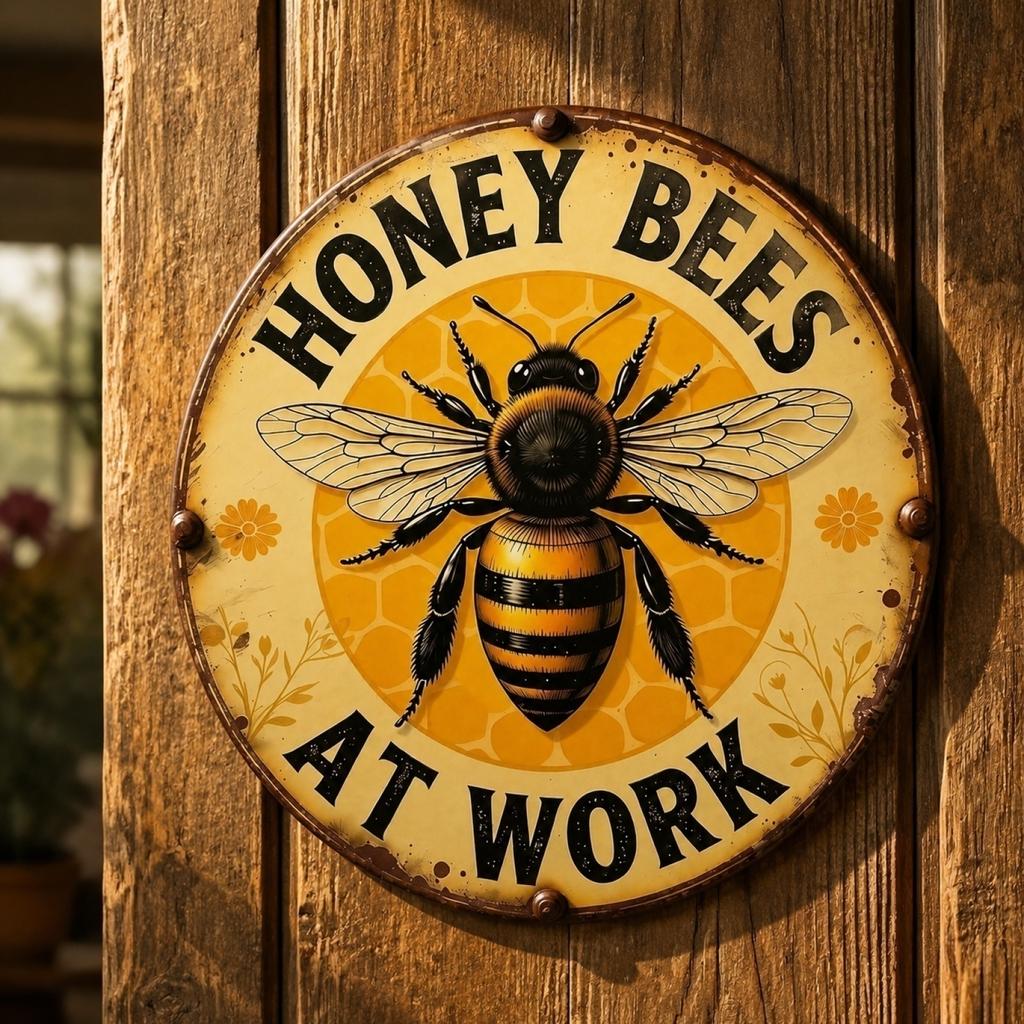 Round Metal Indoor Sign Honey Bees At Work Rustic Style Wall Decor Vintage Farmhouse Kitchen Decoration