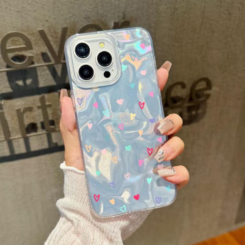 Little Flower Love Hearts Print Glitter Glossy Case For iPhone 16 15 Pro 14 Pro Max 13 12 11 Luxury Stars Pattern Shockproof Slim Clear Phone Cover
