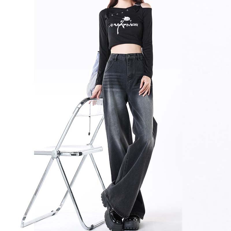 Retro Women's Jeans Autumn Winter Thicken Plus Velvet Dark Grey Denim Trousers High-Waisted Straight Pants Warm  Clothing