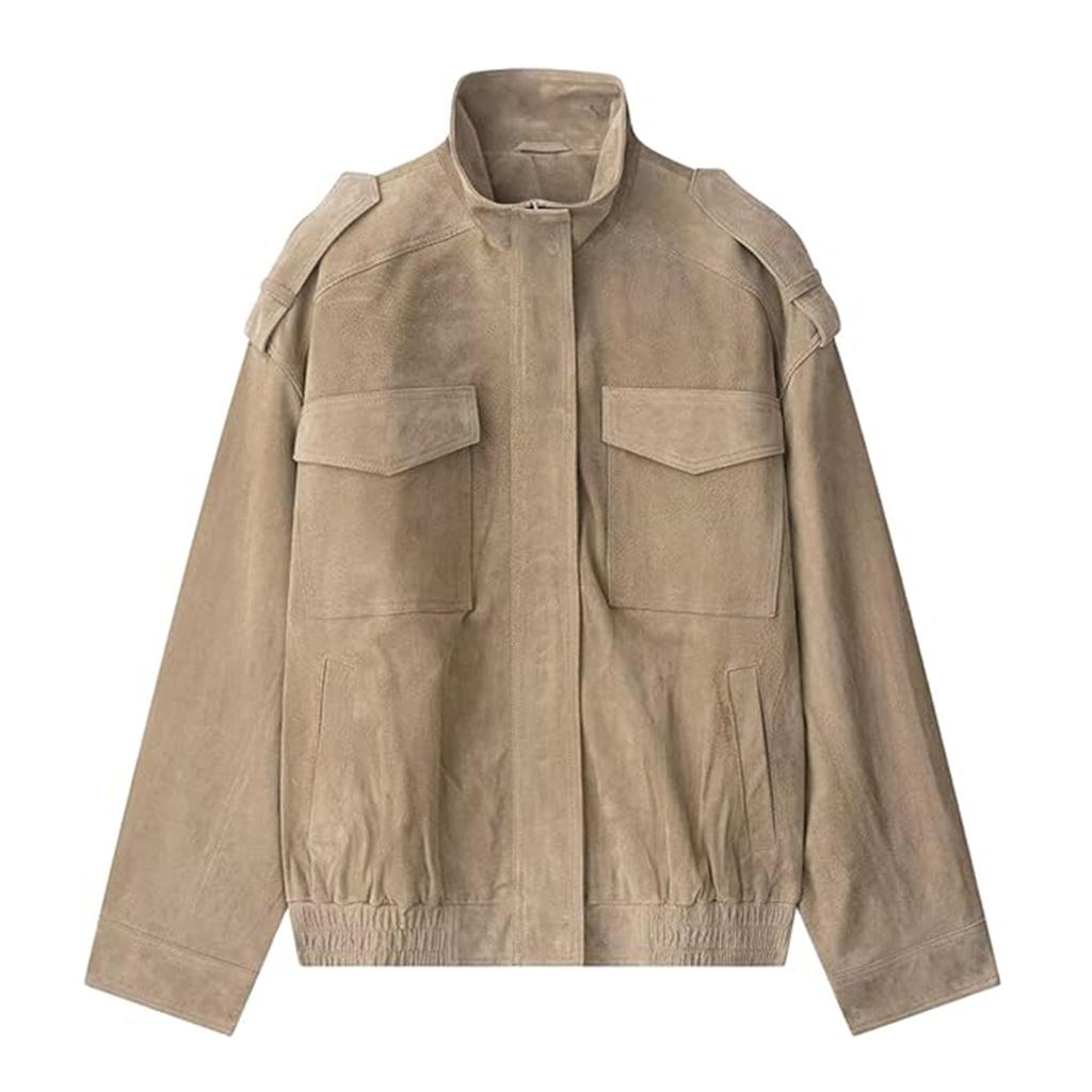 Women's Fashionable Long-sleeved Stand-up Collar Suede Pocket Fleece Texture Jacket