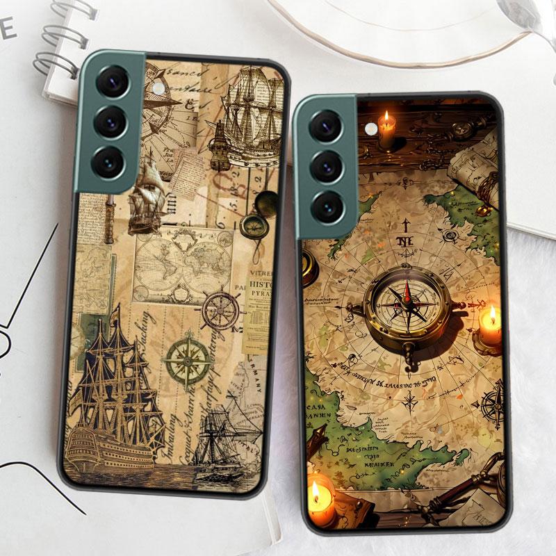 Compass Map Voyage Phone Case For Samsung Galaxy S22 S25 Ultra S21 S10 Plus S26 Edge S20 S23 S24 FE Cover Silicone Soft TPU