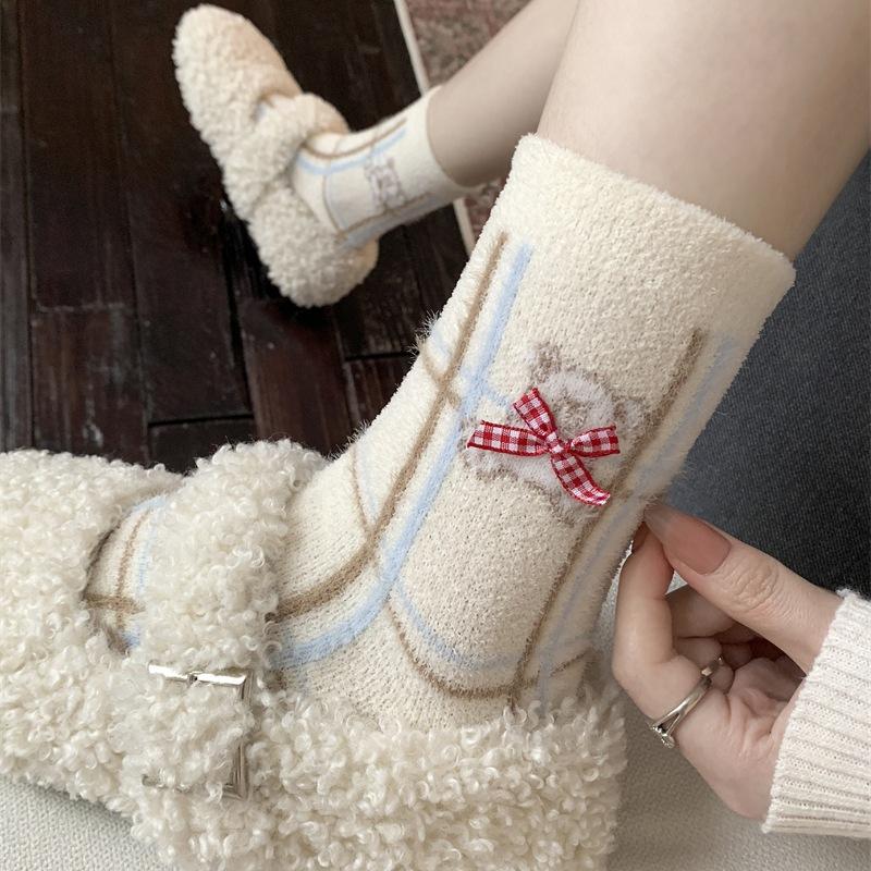 Baby Fleece Is Coming~ Jiefiti Thickened Thermal Socks Plaid Bow Cartoon Bear Stacking Socks