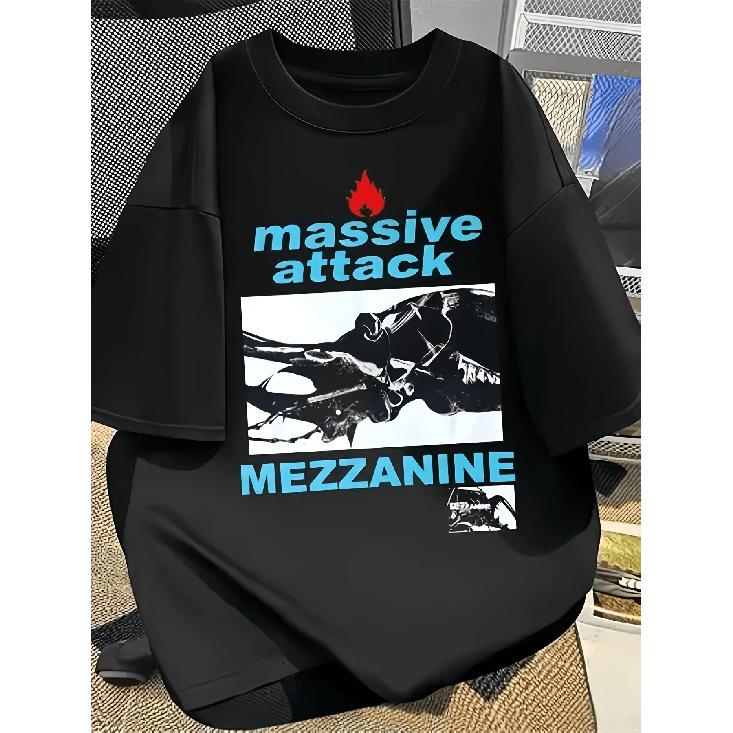 Massive Attack Mezzanine Euro Tour T-Shirt Ikonisches Logo Albumcover Druck Schwarz Merch mit Textdesign Lässiger Rundhalsausschnitt für Konzertkleidung S schwarz