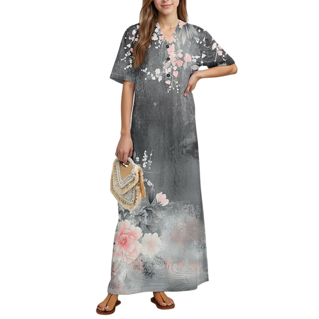 Women's Fashion Printed Nightgown Home Clothes Short Sleeve Nightgown With Pockets Long Dress