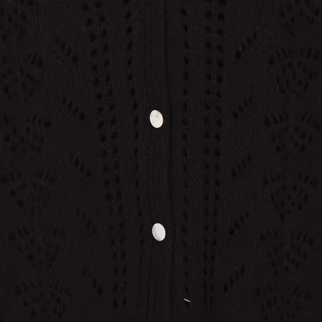 Women's Vintage Knitted Sweater Hollow Out Breathable Button Cardigan V-Neck Outer Solid Colour Top