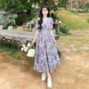 2025 Korean Retro Floral Waist-Slimming Purple Dress with Bubble Sleeves