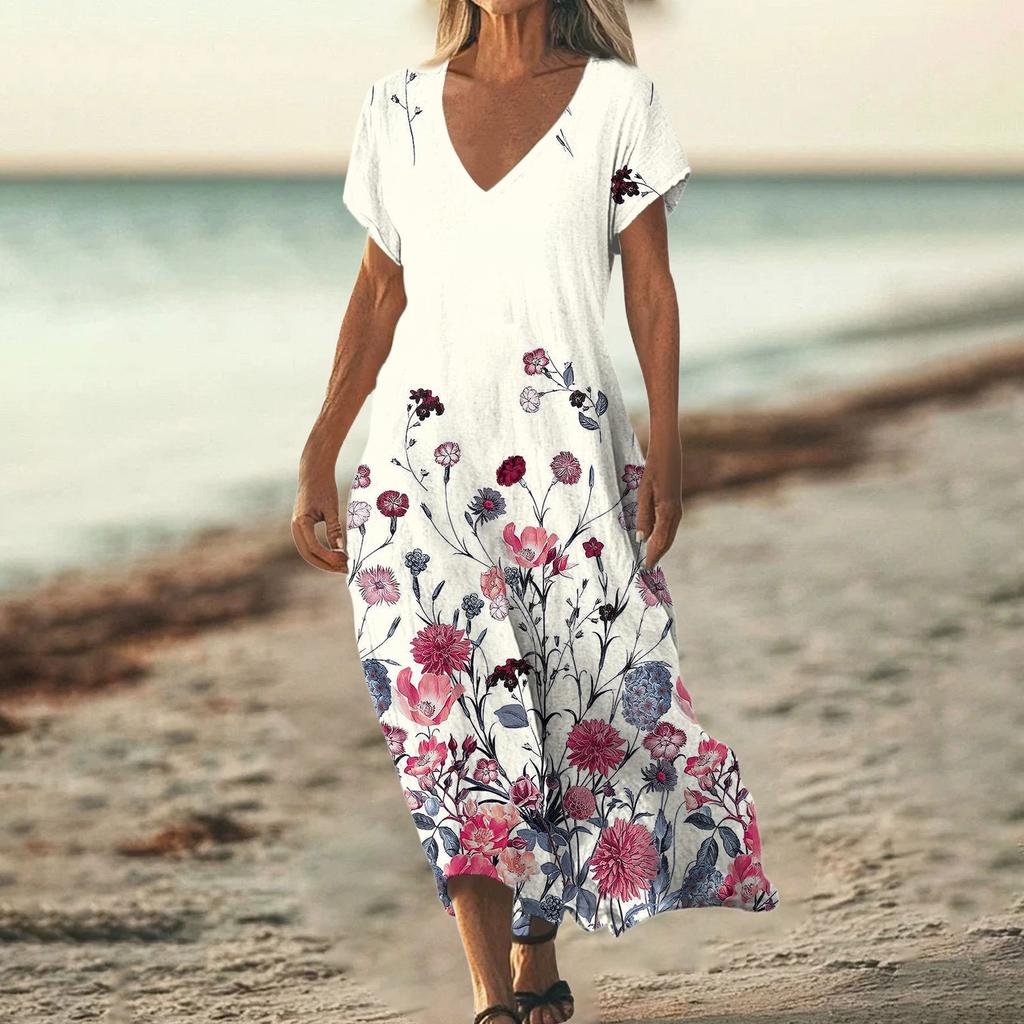 Fashion Women's Summer V-Neck Short Sleeve Vintage Floral Print Beach Dress
