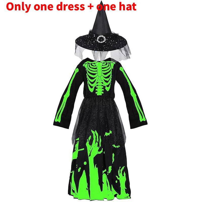 Halloween Girl Witch Costume With Printed Skirt For Kids Party Dress Up
