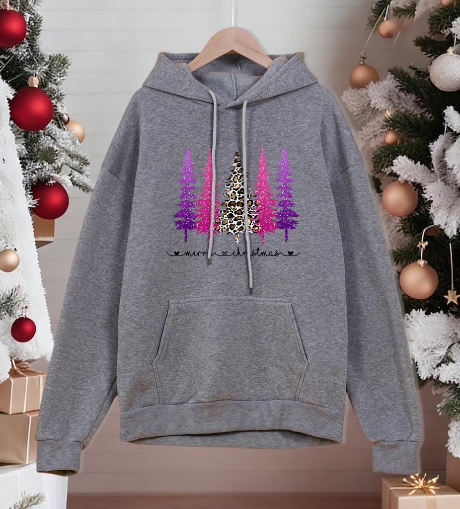 Merry Christmas Leopard Tree Printing Hoodies Mens Casual All-Match Clothing Man Oversized Pocket Hoody Autumn Fleece Streetwear