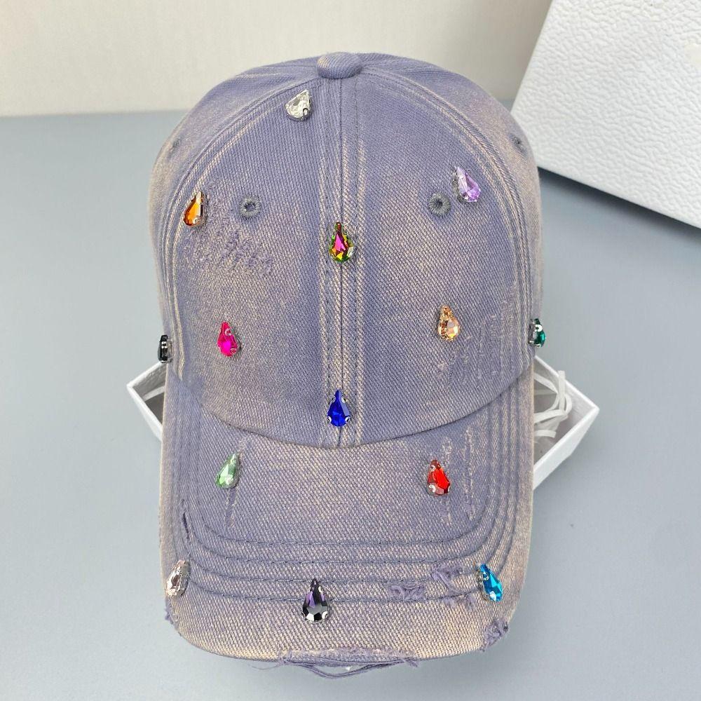 Creative Colorful Rhinestones Baseball Cap Distressed Design Solid Color Full Rhinestone Baseball Hat Duckbill Hat Fashion