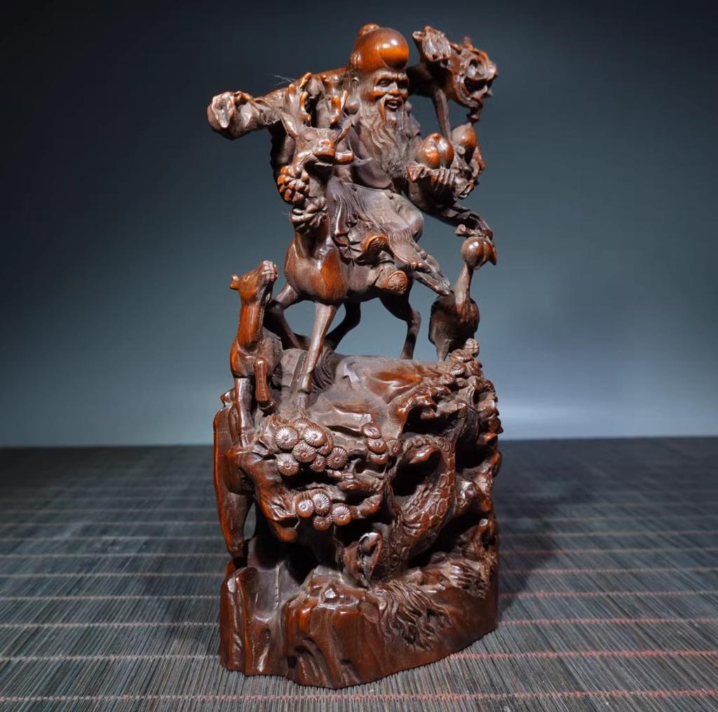 Chinese Antique Boxwood Wood Carving God Of Longevity Statue Collection Nice Art
