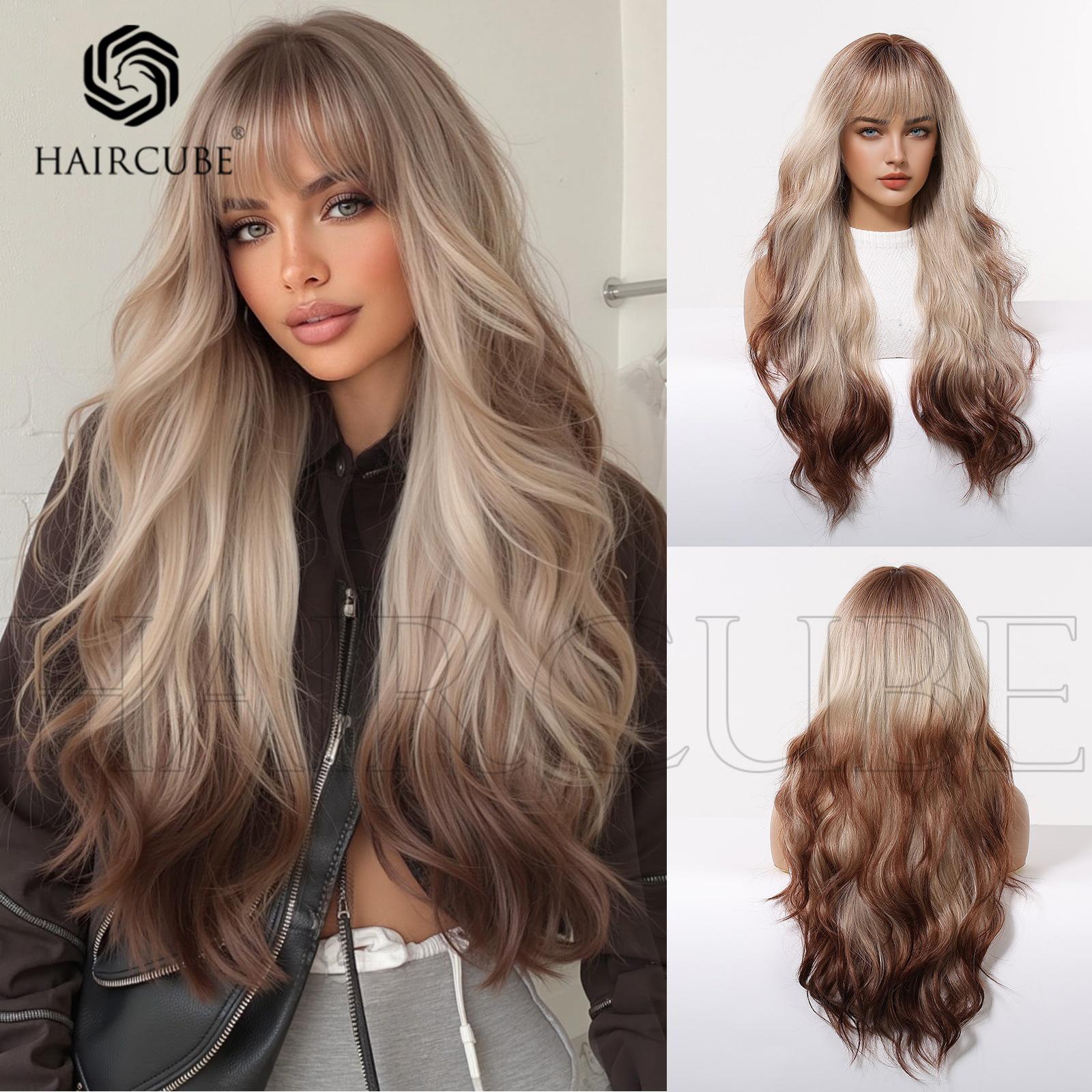 

Siam Color Wig: Straight Hair with Full Bangs, Curly Layers, Brown Dual-Tone, Natural Look