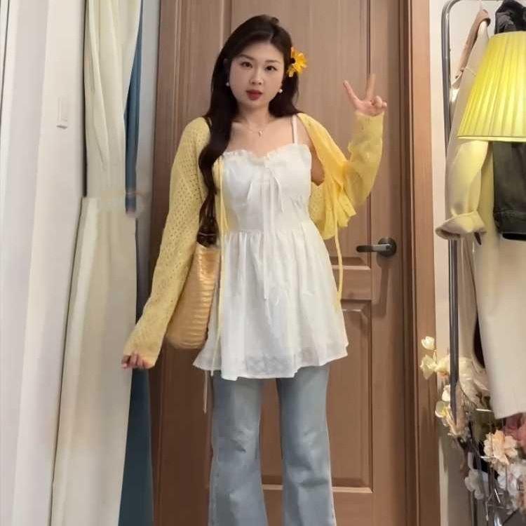 

Plus Size White Bow Camisole Vest Set - Slimming Two-Piece with Inner, Outer & Base Layers M [Recommended Weight: 100-115 lbs]