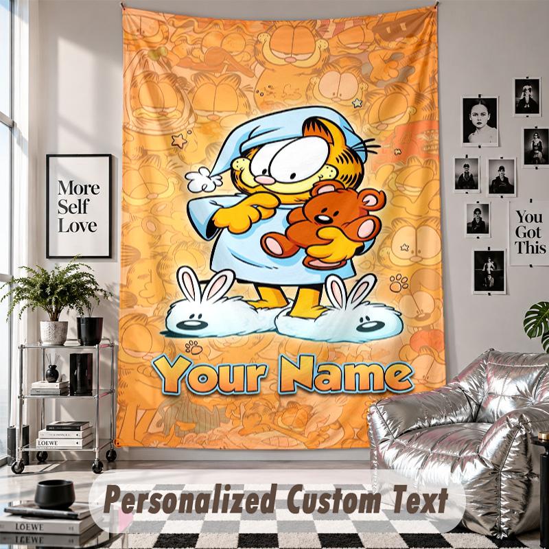 Wall Hanging Tapestry With Custom Name & Text, Garfield Decorative Tapestry For Bedroom