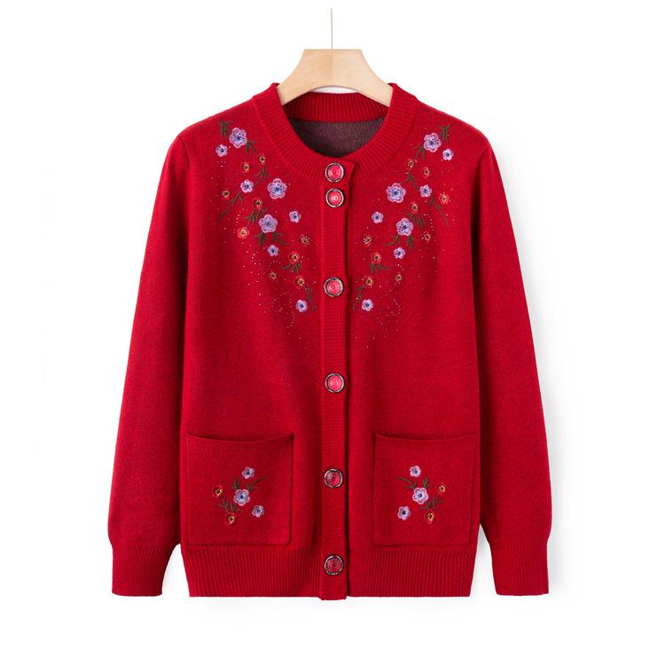 

Middle-aged and Elderly Knitted Sweater Autumn Clothes Female Mother Wear Embroidered Sweater Cardigan Grandma Autumn Coat Large Size Elderly Clothes XL