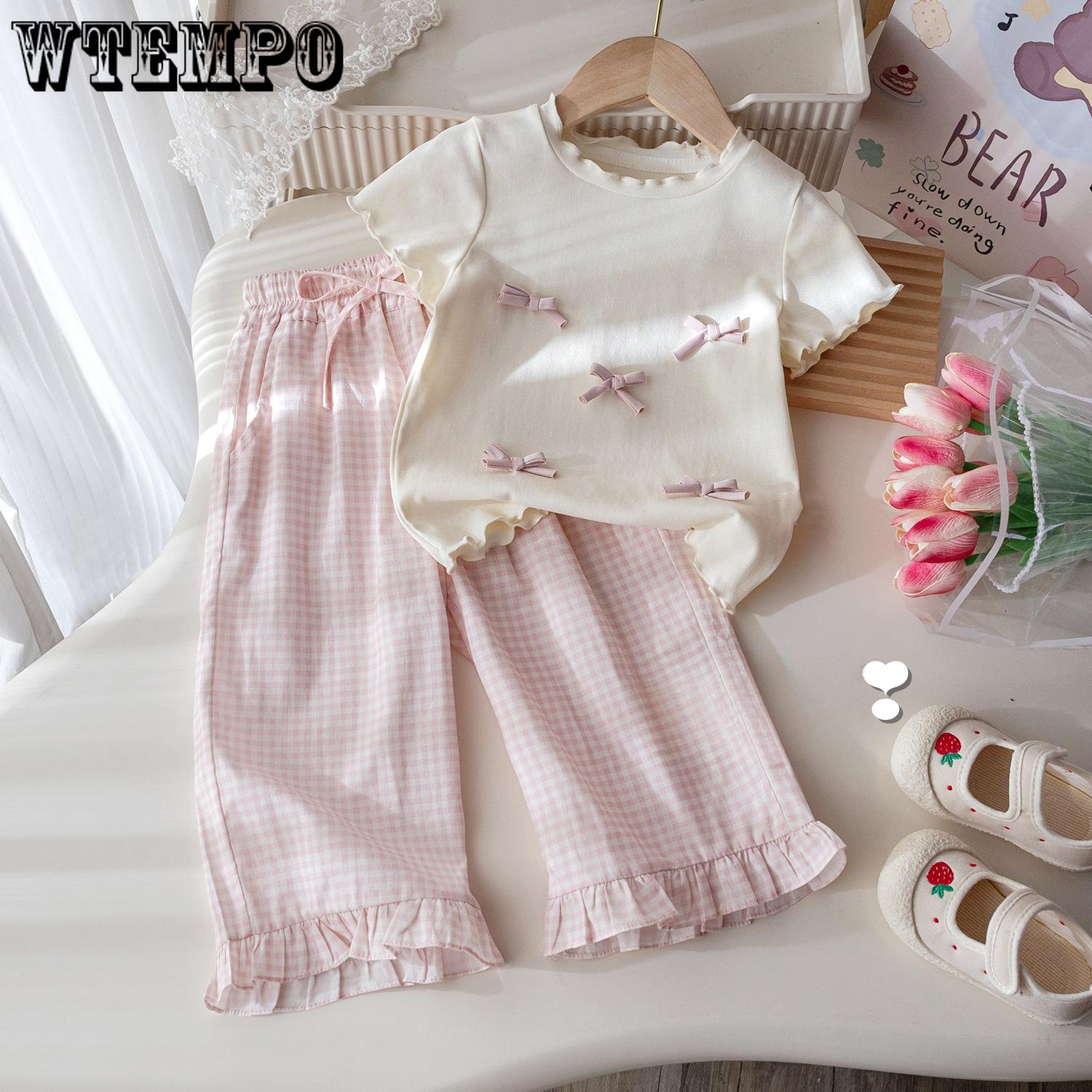 

Летний комплект для девочек Объемный бант Футболка с коротким рукавом Клетчатое кружево Повседневные брюки Комплект из двух предметов 120