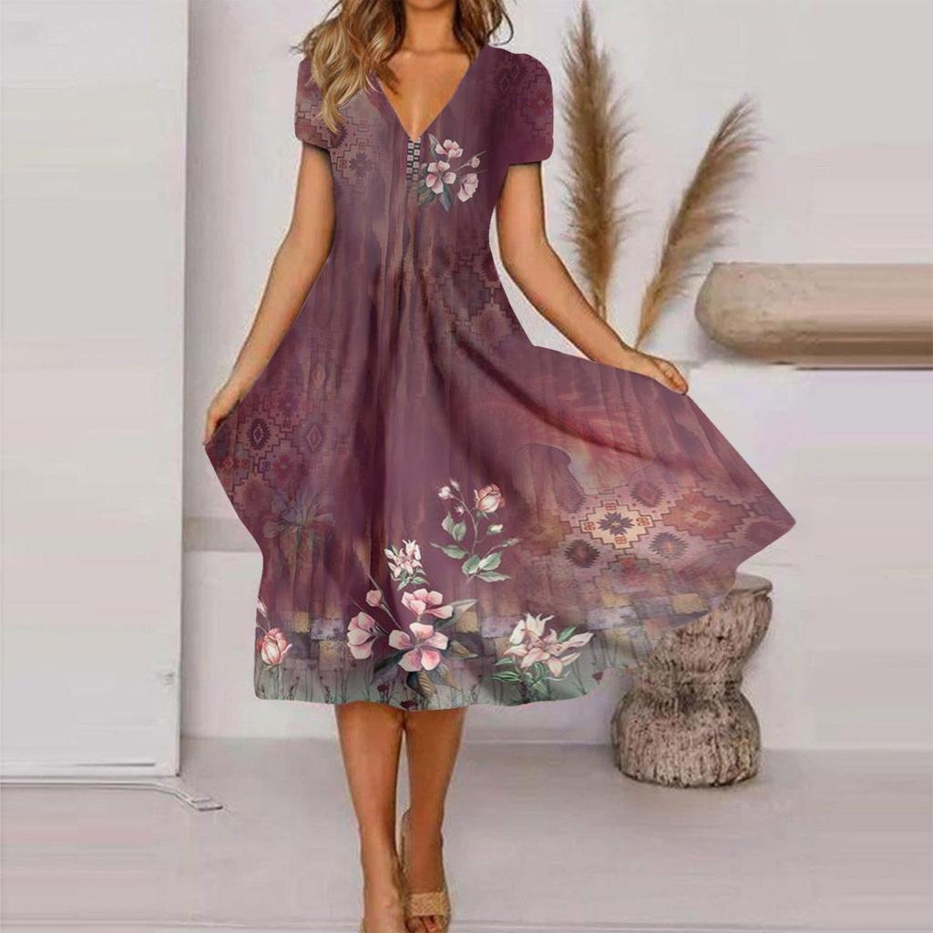Women's Fashion And All- Summer Temperament V-neck Printed Short-sleeved Dress