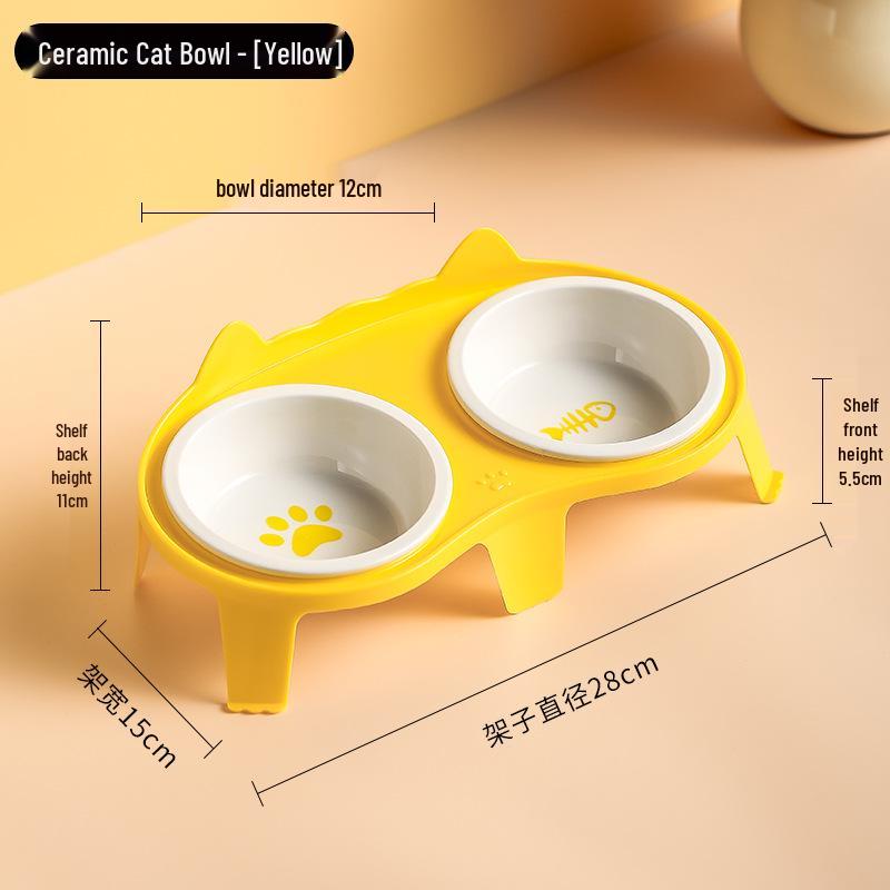 Ceramic Double Cat Bowl with Elevated Slanted Design for Cervical Protection - Ideal for Food and Water