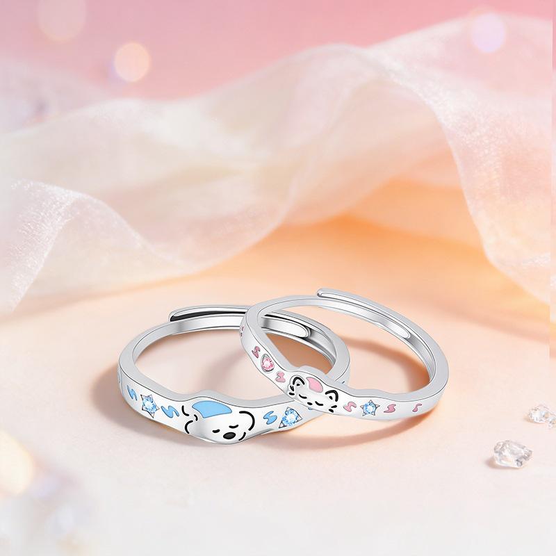 Sterling Silver Meow Couple Rings: Cute Pet Adjustable Luxury Dopamine Design