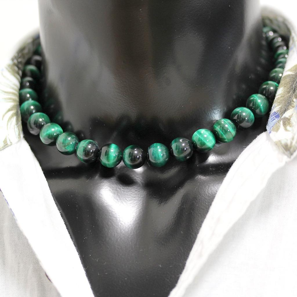 [Ishiki] 4A Natural Stone Green Tiger Eye Prayer Bead Necklace 12mm - A Power Stone That Attracts Wealth and Career Success! [n169]