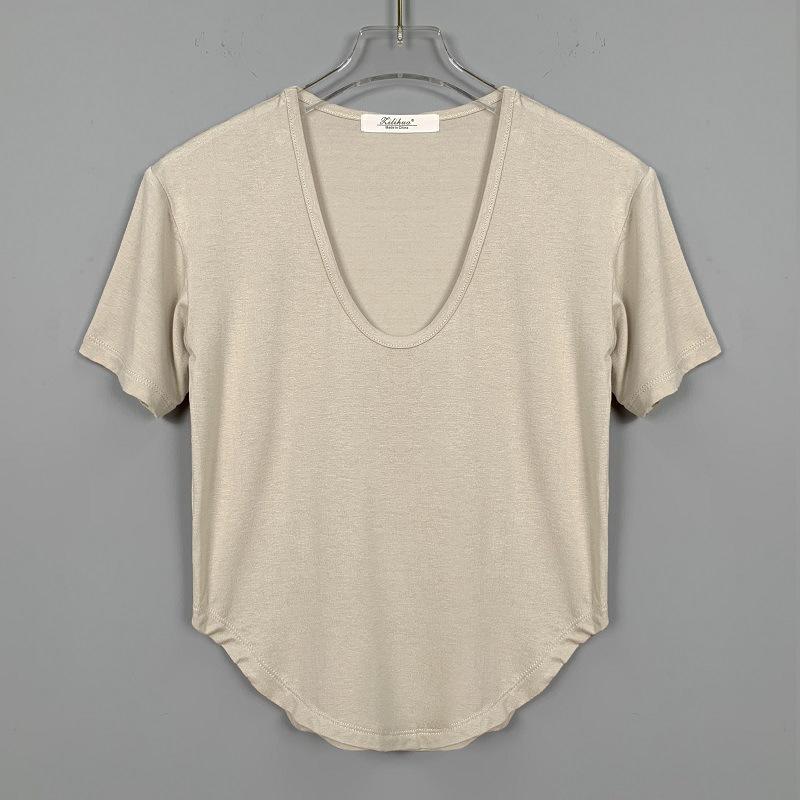 

Women s Korean Dongdaemun Slimming Low-Cut U-Neck Crop Top One Size бежевий