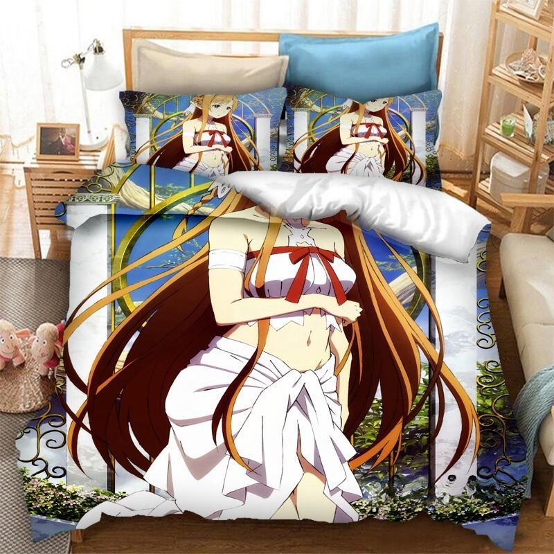 Anime SAO Yuuki Asuna Bedding Set,Duvet Cover Comforter Bed Set Quilt Cover Pillowcase,King Queen Twin Size Boys Girls Adults