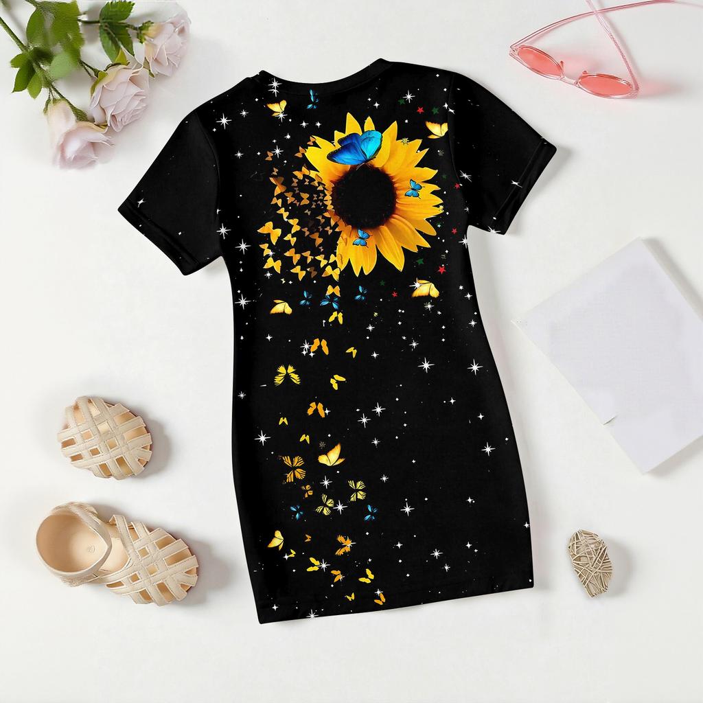 Girls Print Casual Dress Kids Loose Round Neck Short Sleeve Thin Sundress