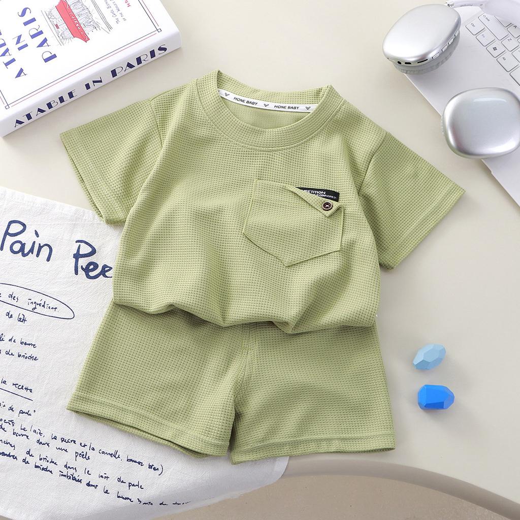 0-9 Years Children's Waffle Short-sleeved Suit Summer Casual Sportswear Boys and Girls 2pcs Clothing Set