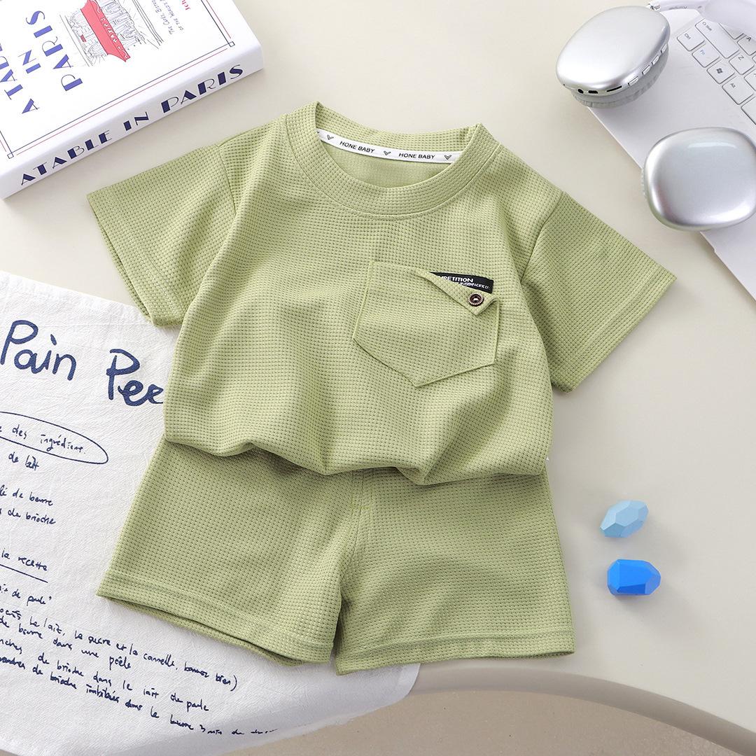 

0-9 Years Children s Waffle Short-sleeved Suit Summer Casual Sportswear Boys and Girls 2pcs Clothing Set 80cm світло-зелений колір