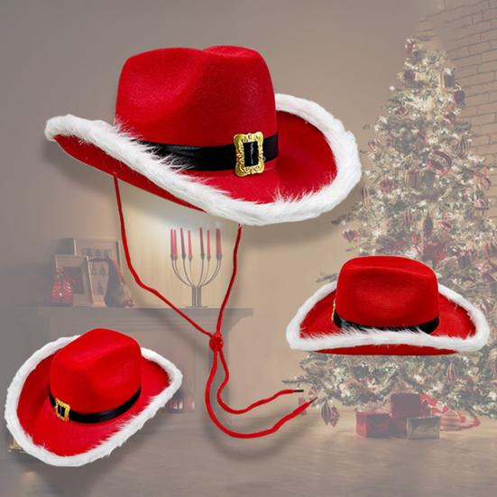 Cowboy Hat Christmas Themed White Furry Trim Soft Felt Material Jazz Top Hat Adjustable Red Tie Party Hat