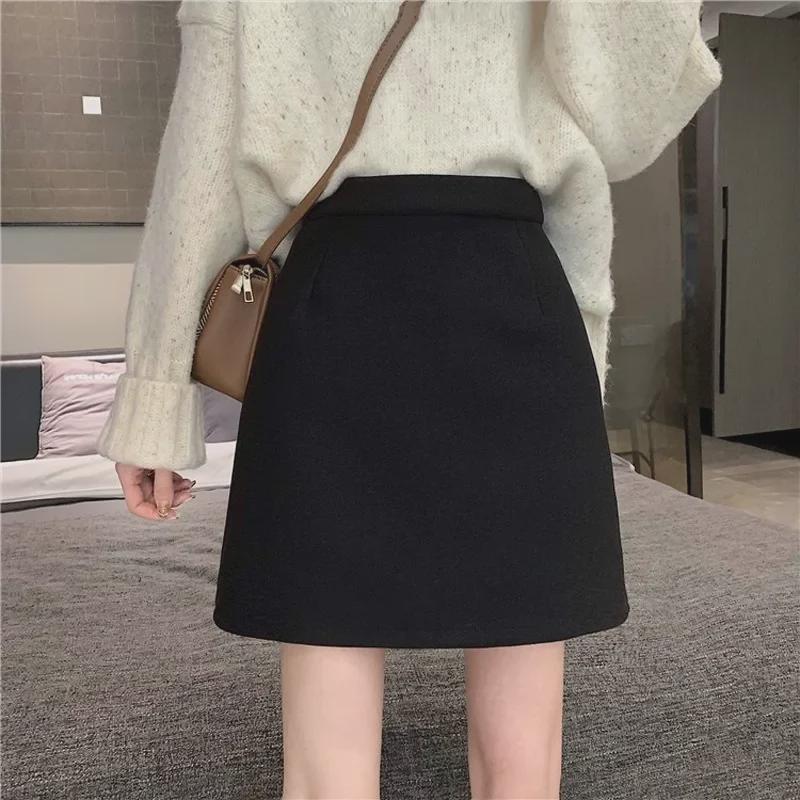 Black Wool A-Line High Waist Skirt for Women - 2023 Autumn/Winter Collection, Slim Fit, Large Size, Petite Friendly.