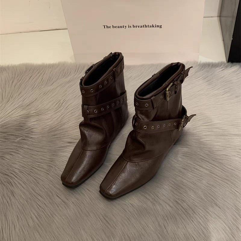 Square Head Western Pants Belt Buckle Cowboy Boots Leather Coarse Heel Short Boots Knight Boots Autumn and Winter New Boots Women