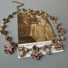 Pre-Owned Floral Geometric Rhinestone Jewelry Set with Clavicle Necklace & Earrings In Turquoise and Pearl Tones
