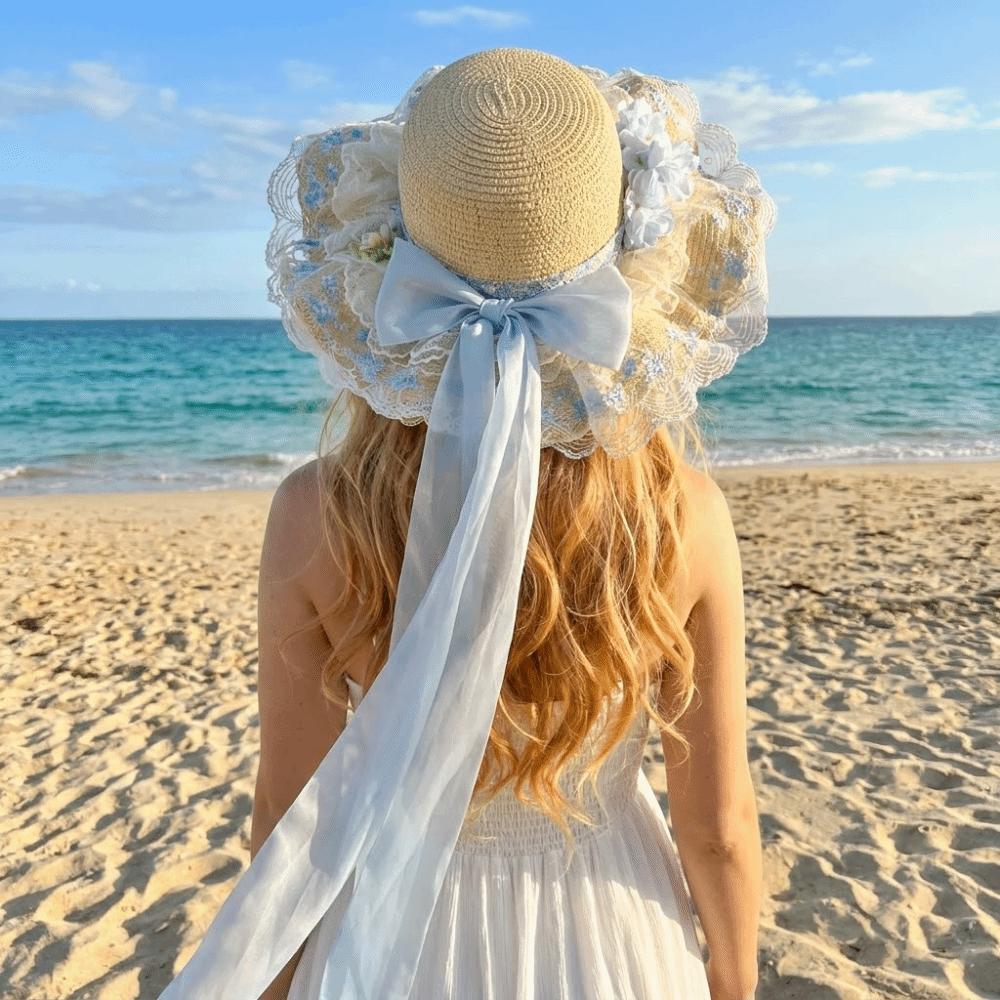 Floral Design Woman's Straw Hat Elegant Sun Protection Cap Lace Brim Sunshade Cap Casual Wear
